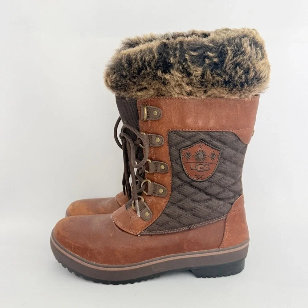 UGG Adirondack Tall Brown Leather Quilted Faux Fur Winter‎ Snow Boots Womens